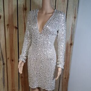 Hera Collection Pearl Glam Divina Cocktail Cream Mini Dress Size M Party Prom